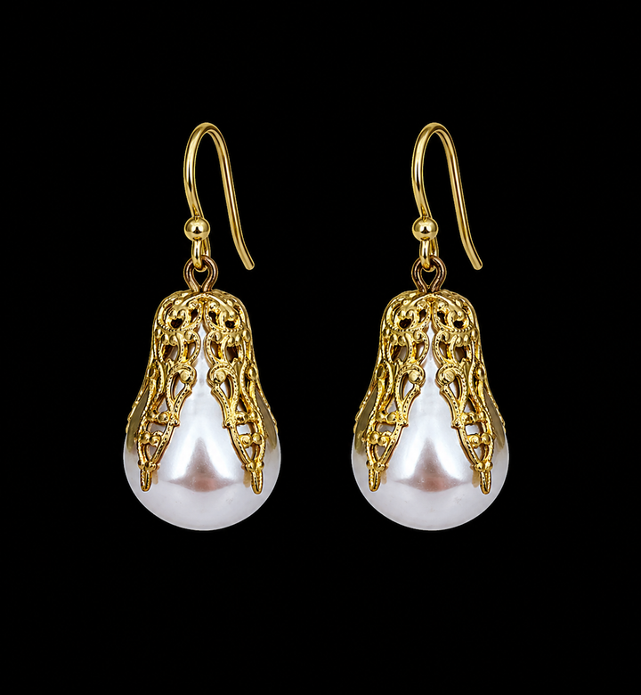 Vintage Faux Pearl Filigree Capped Earrings