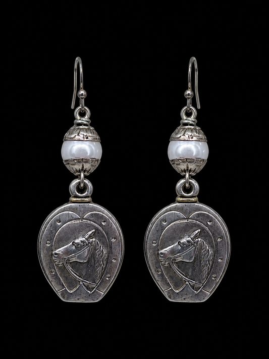 Vintage Horse Fob and Faux Pearl Earrings