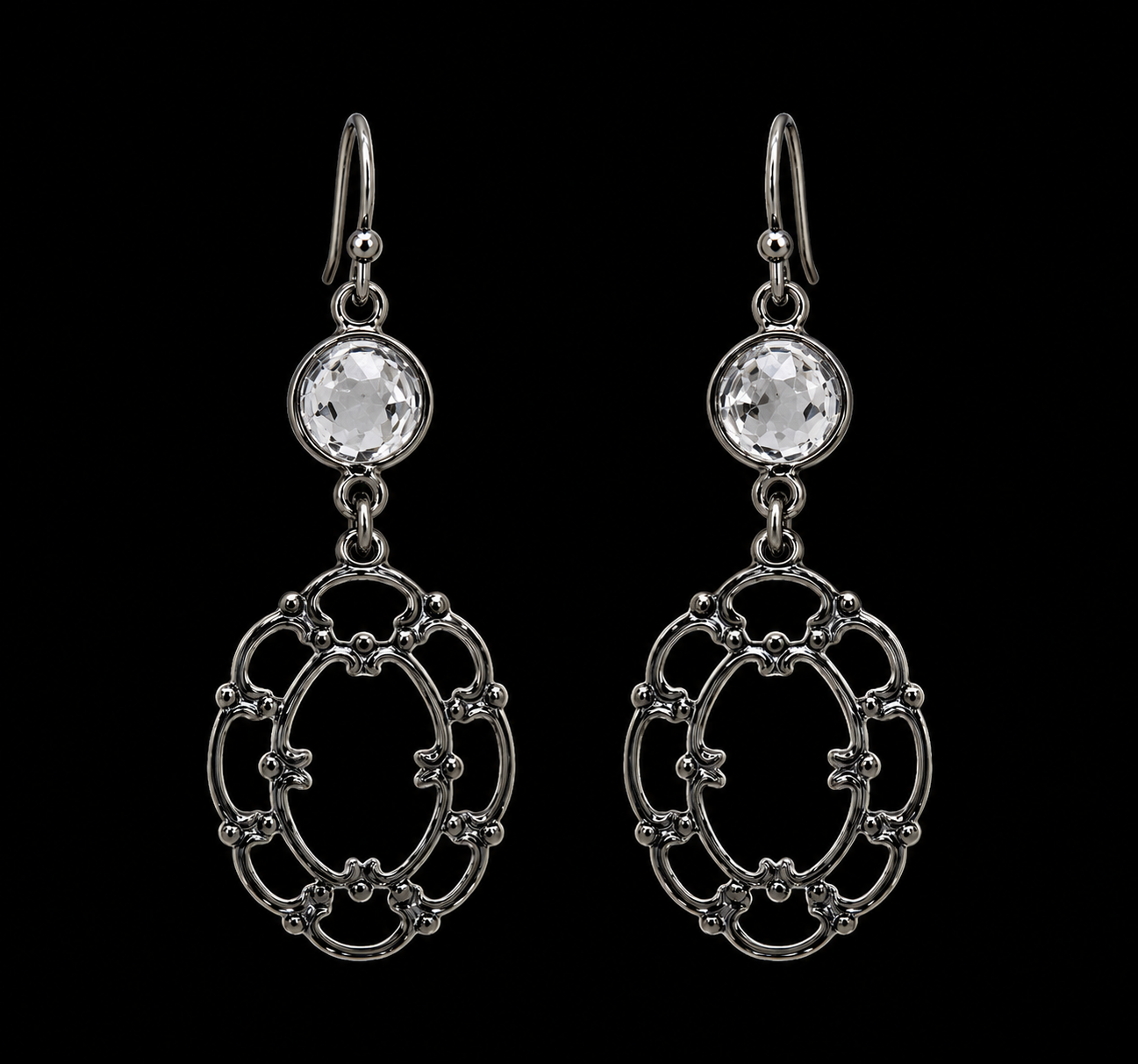 Gunmetal Oval Crystal Earrings