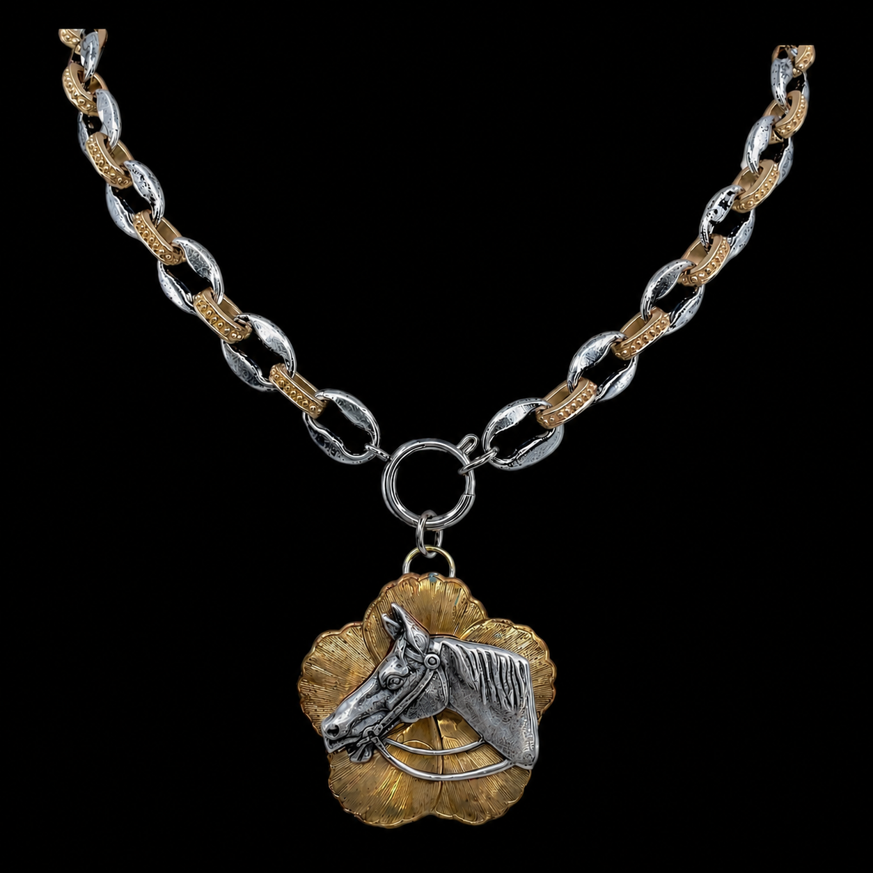 Mixed Metal Chain with Vintage Magnolia Horse Pendant