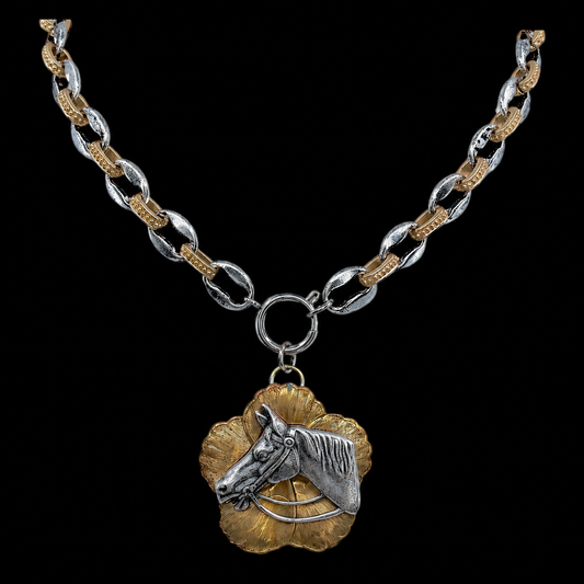 Mixed Metal Chain with Vintage Magnolia Horse Pendant