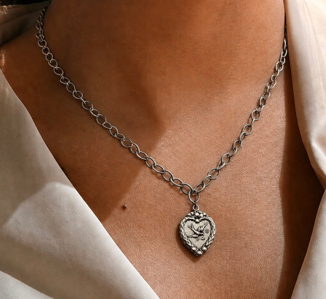 Vintage Reproduction Sterling Plated Chain with Dove Heart