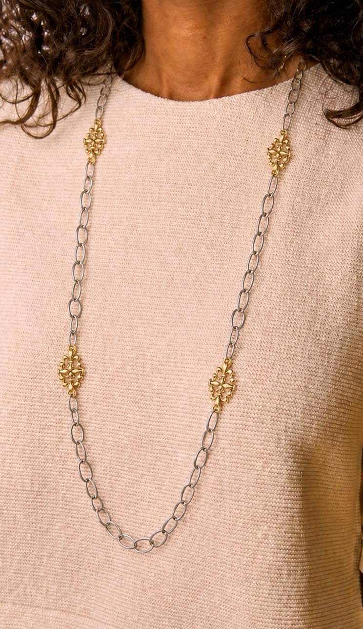 Mixed Metal Sterling &amp; Gold Plated 36" Chain with Vintage Reproduction Fleur De Lis Accents