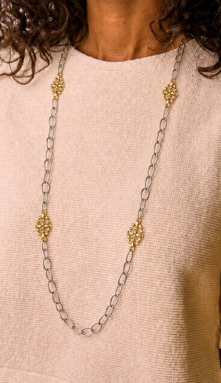 Mixed Metal Sterling &amp; Gold Plated 36" Chain with Vintage Reproduction Fleur De Lis Accents