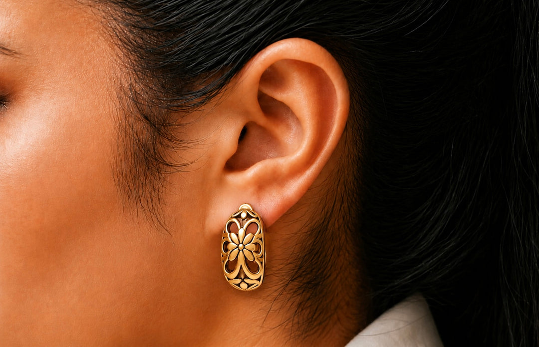 Reproduction Gold Plated Floral Half Hoop Earrings