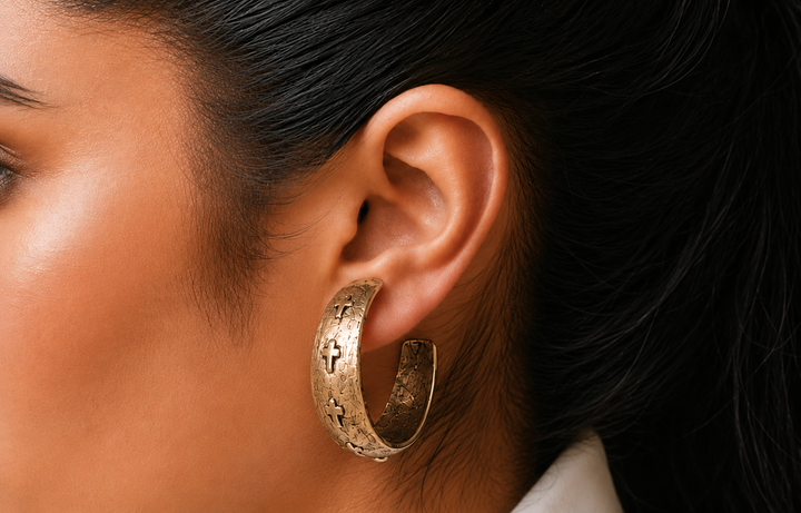 gold plated Repurposed raised cross hoop earring