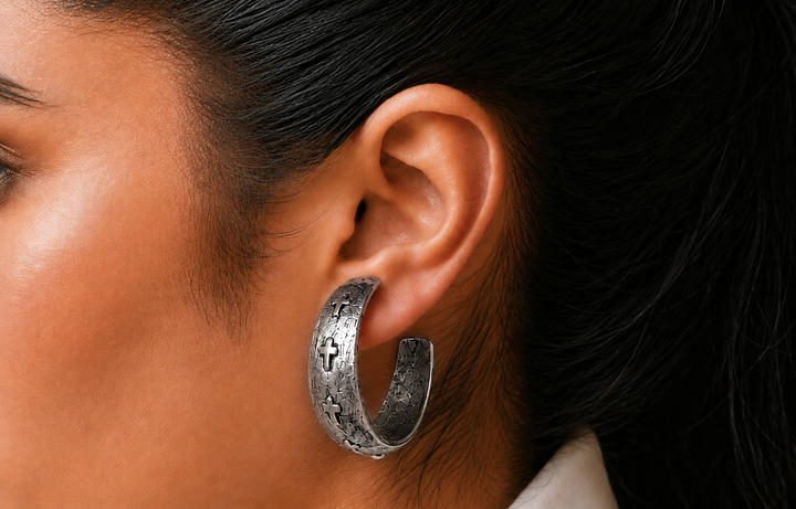 sterling plated Repurposed raised cross hoop earring