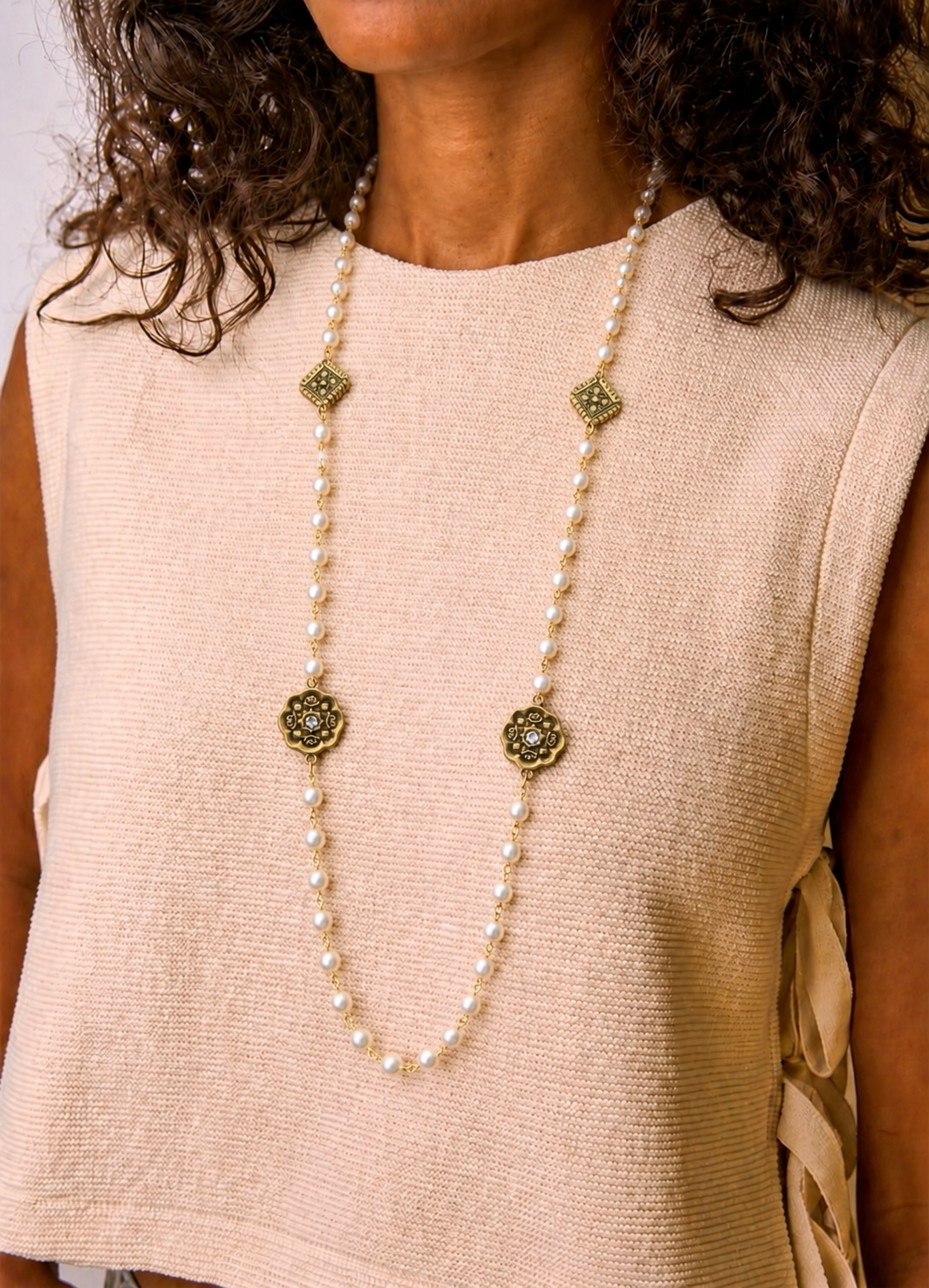 Vintage Reproduction Gold Charm &amp; Pearl Necklace