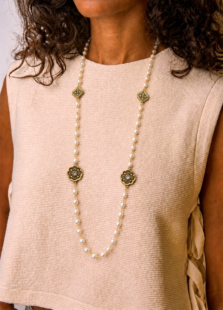 Vintage Reproduction Gold Charm &amp; Pearl Necklace