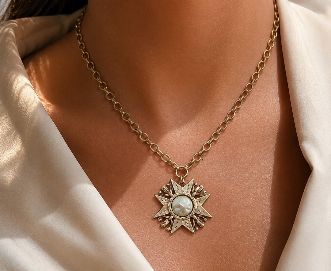 Gold Plated 17" chain with Repurposed Maltese cross and vintage faux pearl center