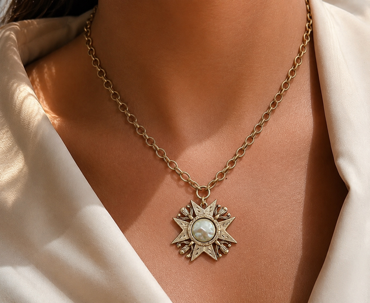 Gold Plated 17" chain with Repurposed Maltese cross and vintage faux pearl center