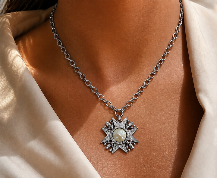 Sterling Plated 17" Chain with Repurposed maltese cross and vintage faux pearl center
