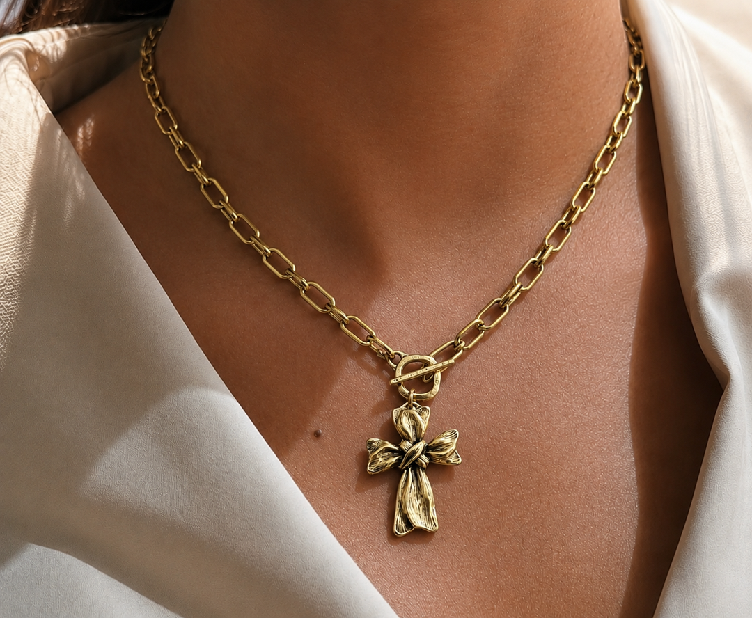 gold plated 17" Chain and toggle with Repurposed French ribbon cross pendant