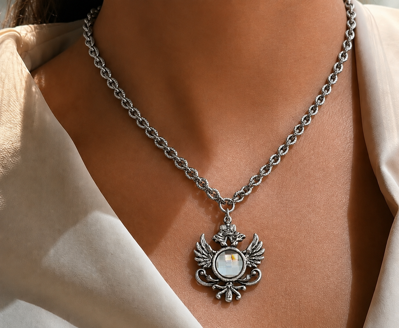 Sterling Plated 17" Chain with Repurposed Heraldic Pendant and vintage swarovski Crystal