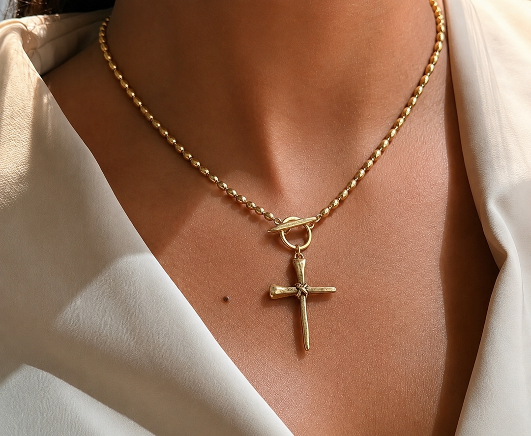Gold Plated oval bead Chain With horseshoe nail Cross Pendant