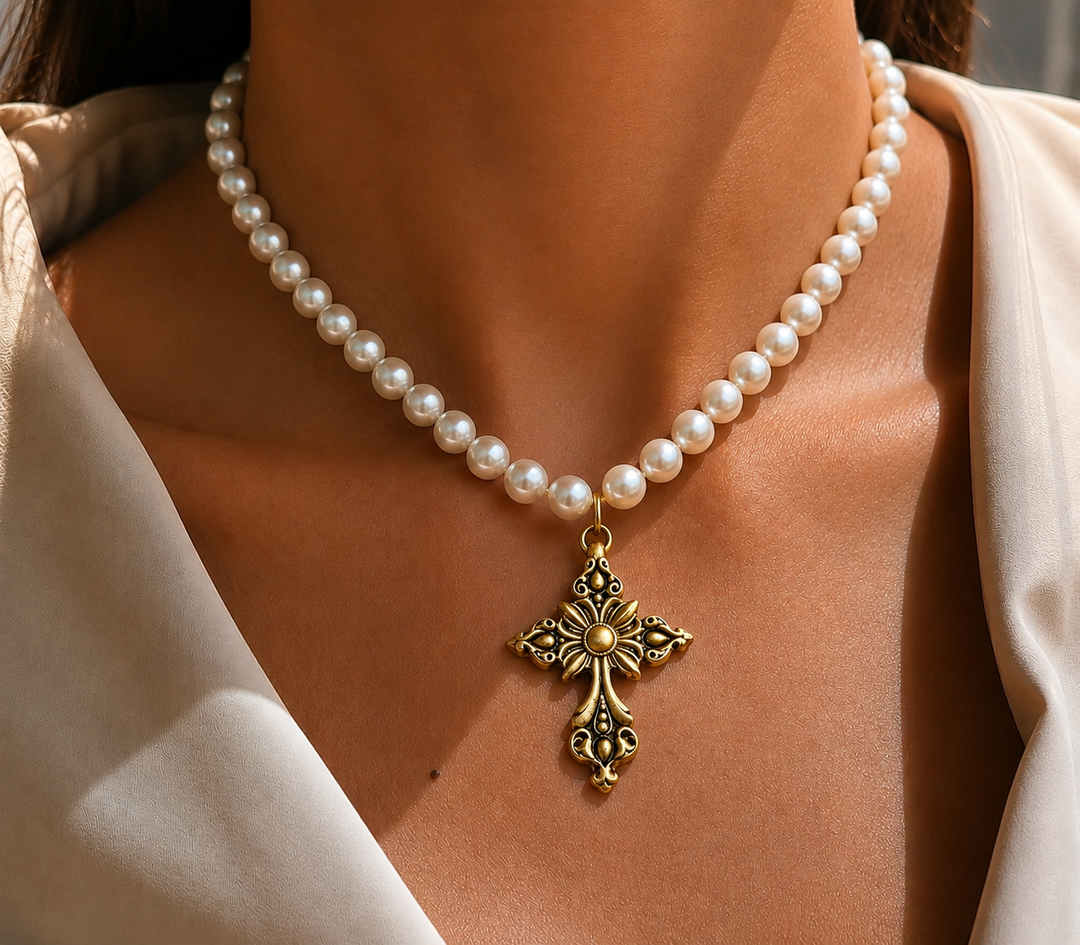 Vintage Faux Pearl Necklace with Vintage Gold Plated Cross Pendant