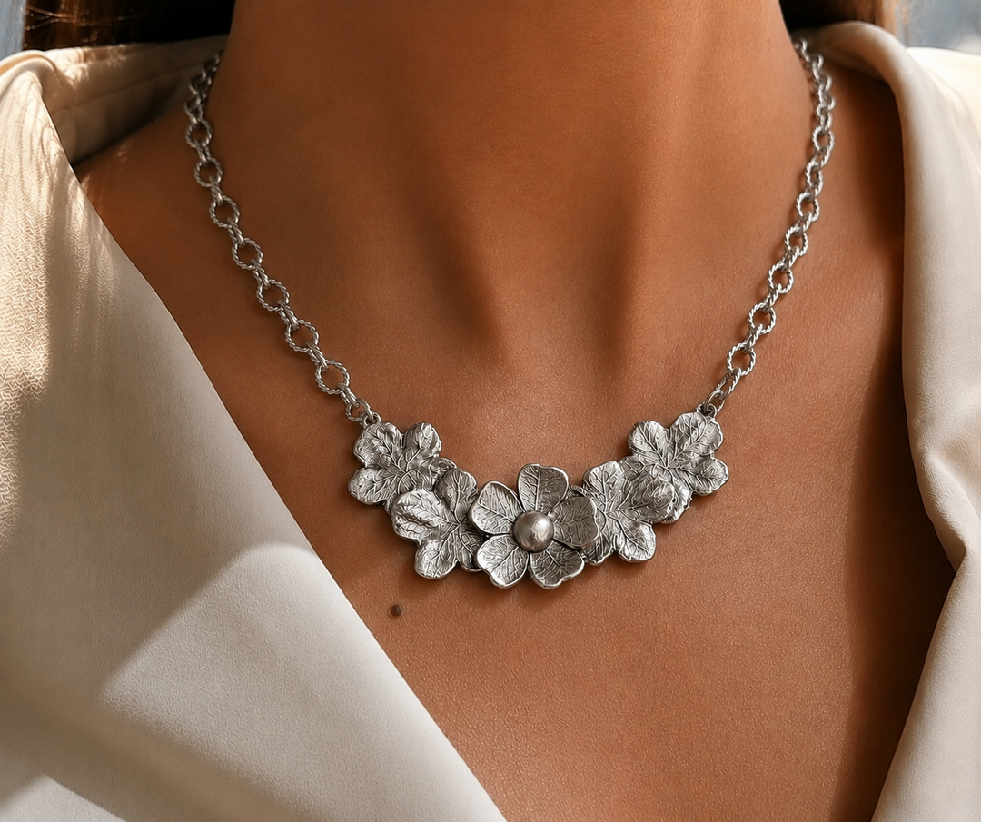 Vintage Reproduction Sterling Plated Flower Collar Necklace