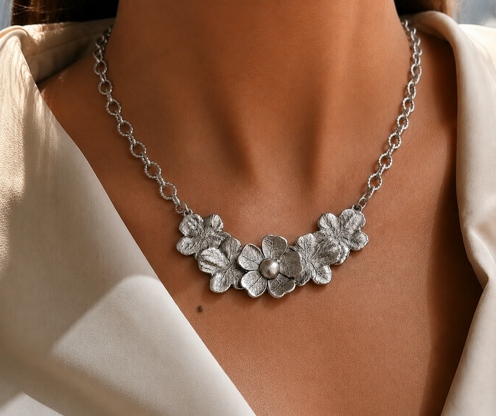 Vintage Reproduction Sterling Plated Flower Collar Necklace