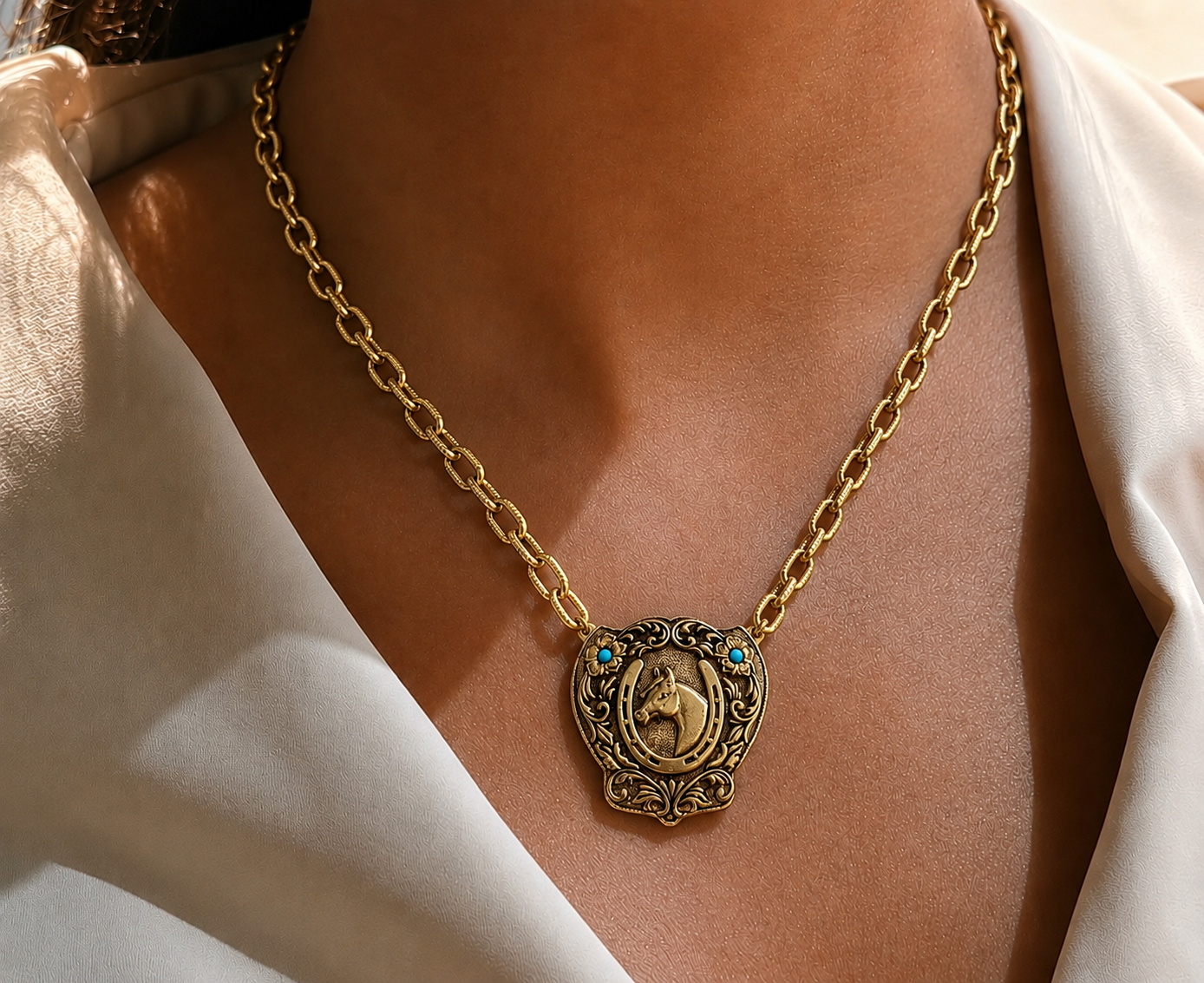 18" Gold Plated Vintage Horseshoe Necklace Medallion with Vintage Turquoise