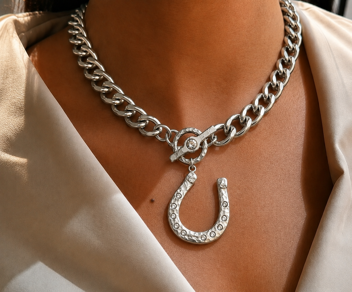 Vintage Reproduction Sterling Plated Rhinestone Horseshoe Toggle Necklace