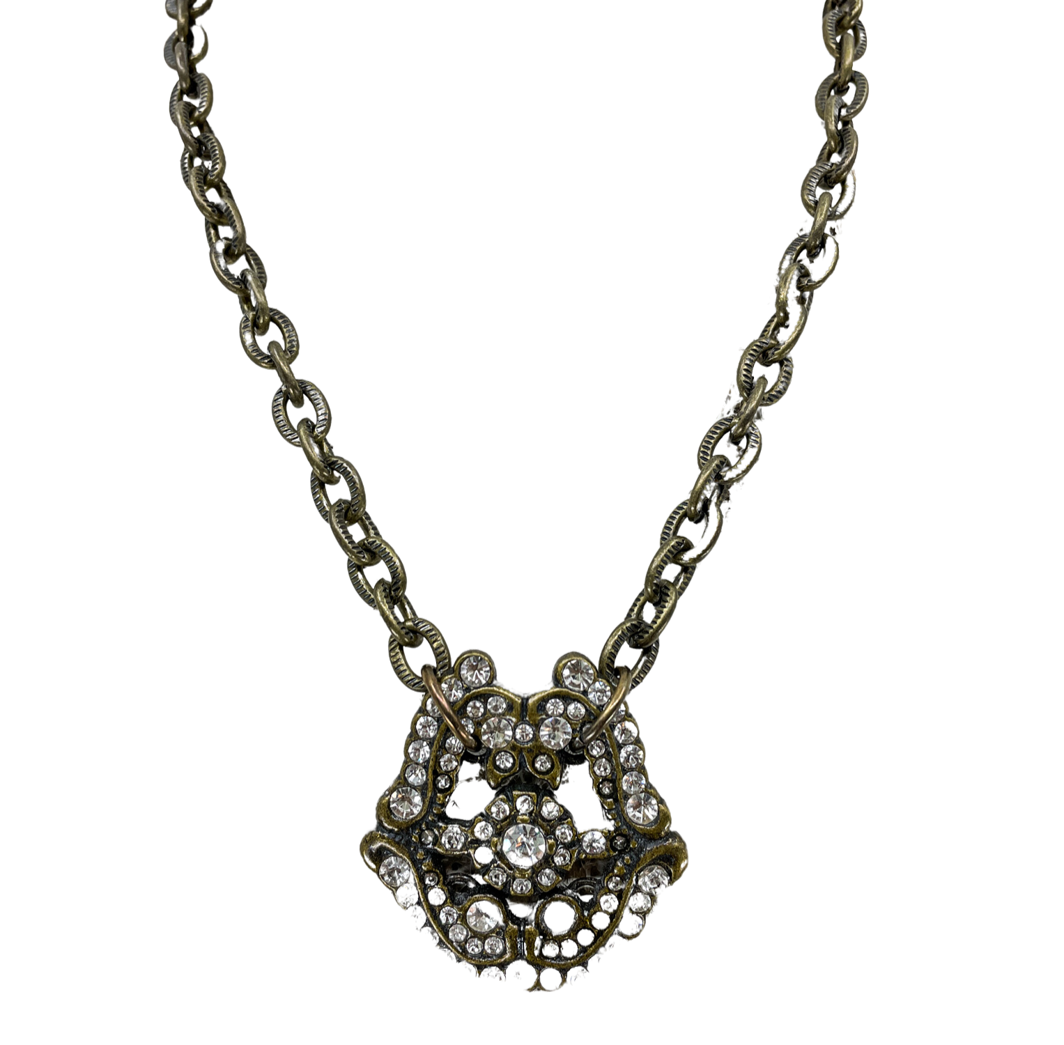Vintage Brass & Rhinestone Pendant Necklace