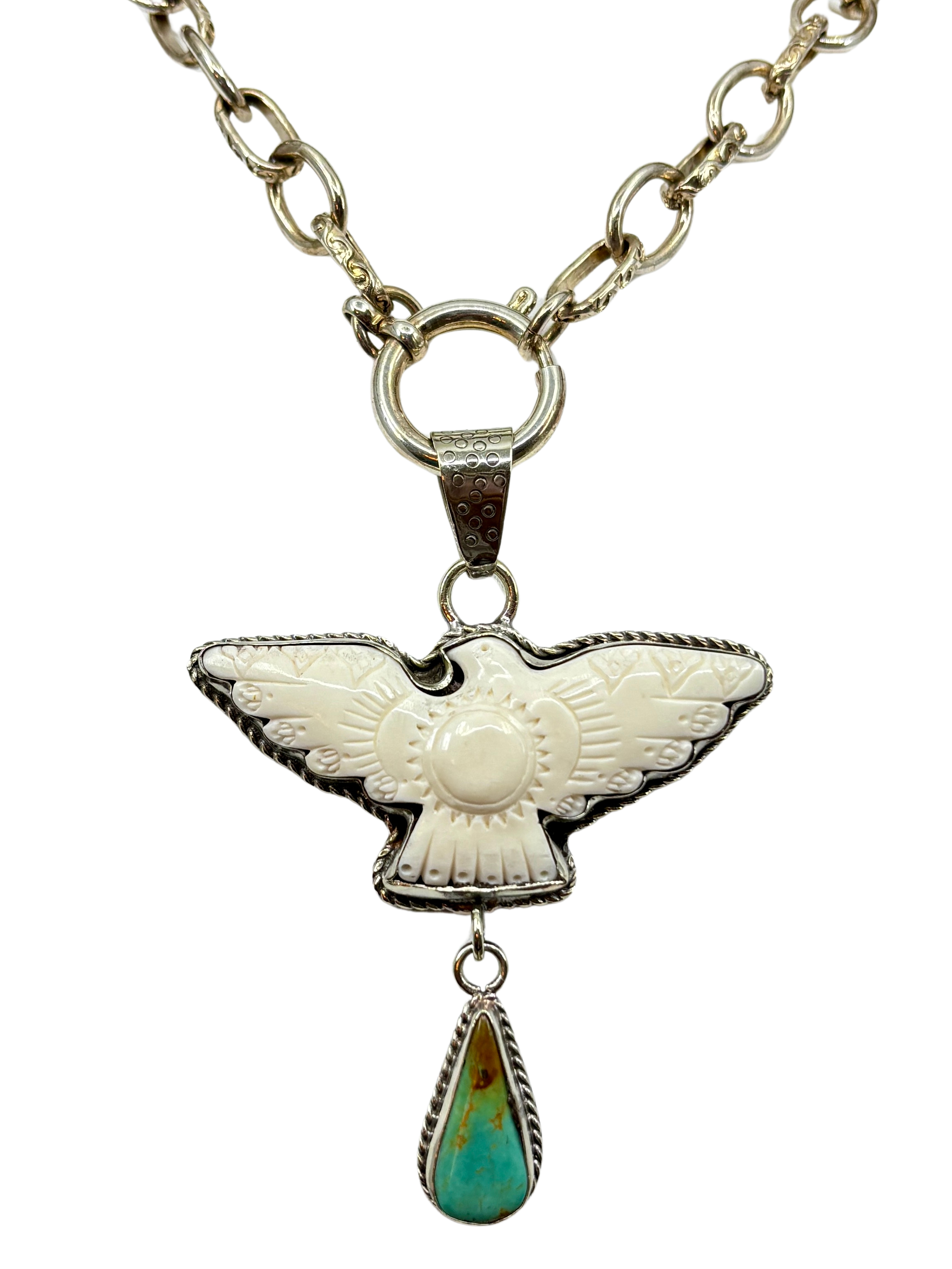 Tribal Bird Pendant & Turquoise Charm Necklace
