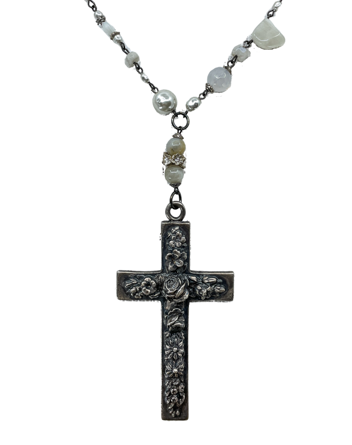 Vintage Rosary & Floral Cross Necklace