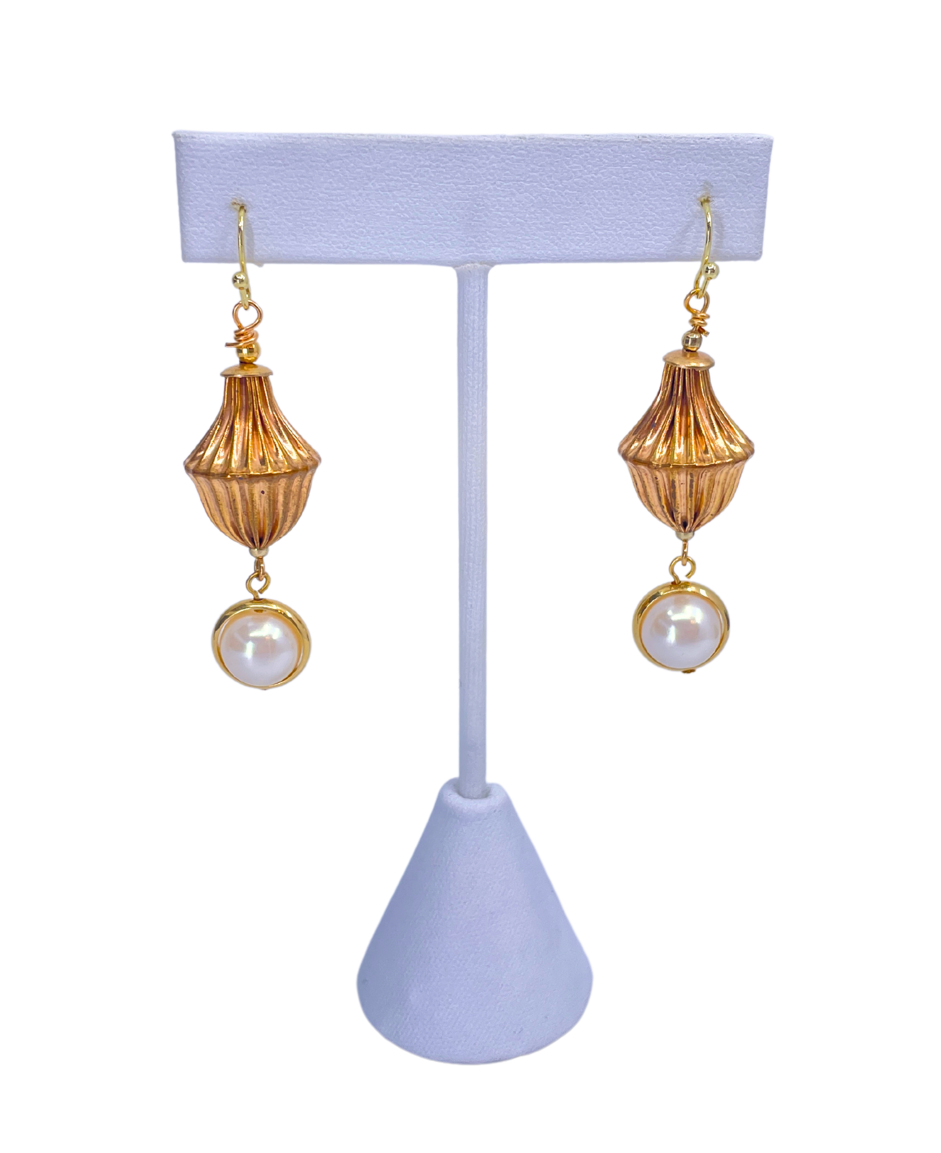 Gold Plated Fluted Charm & Pearl Earrings