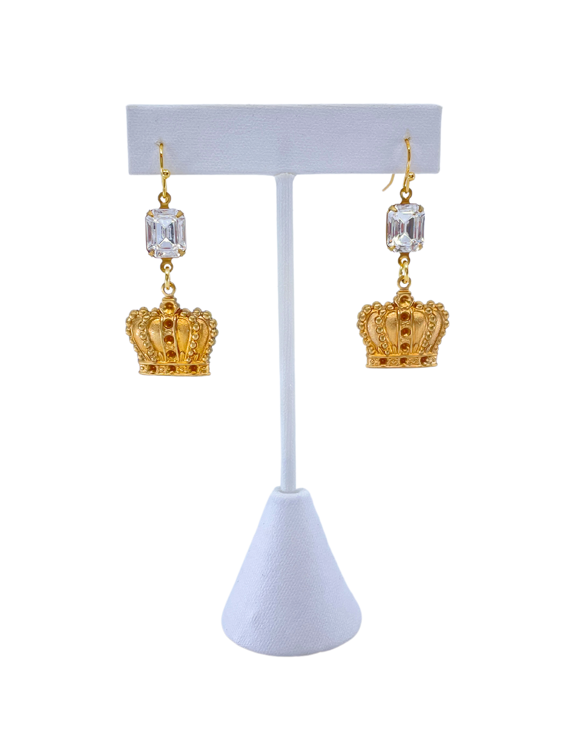 Gold Plated Crown & Rhinestone Earrings