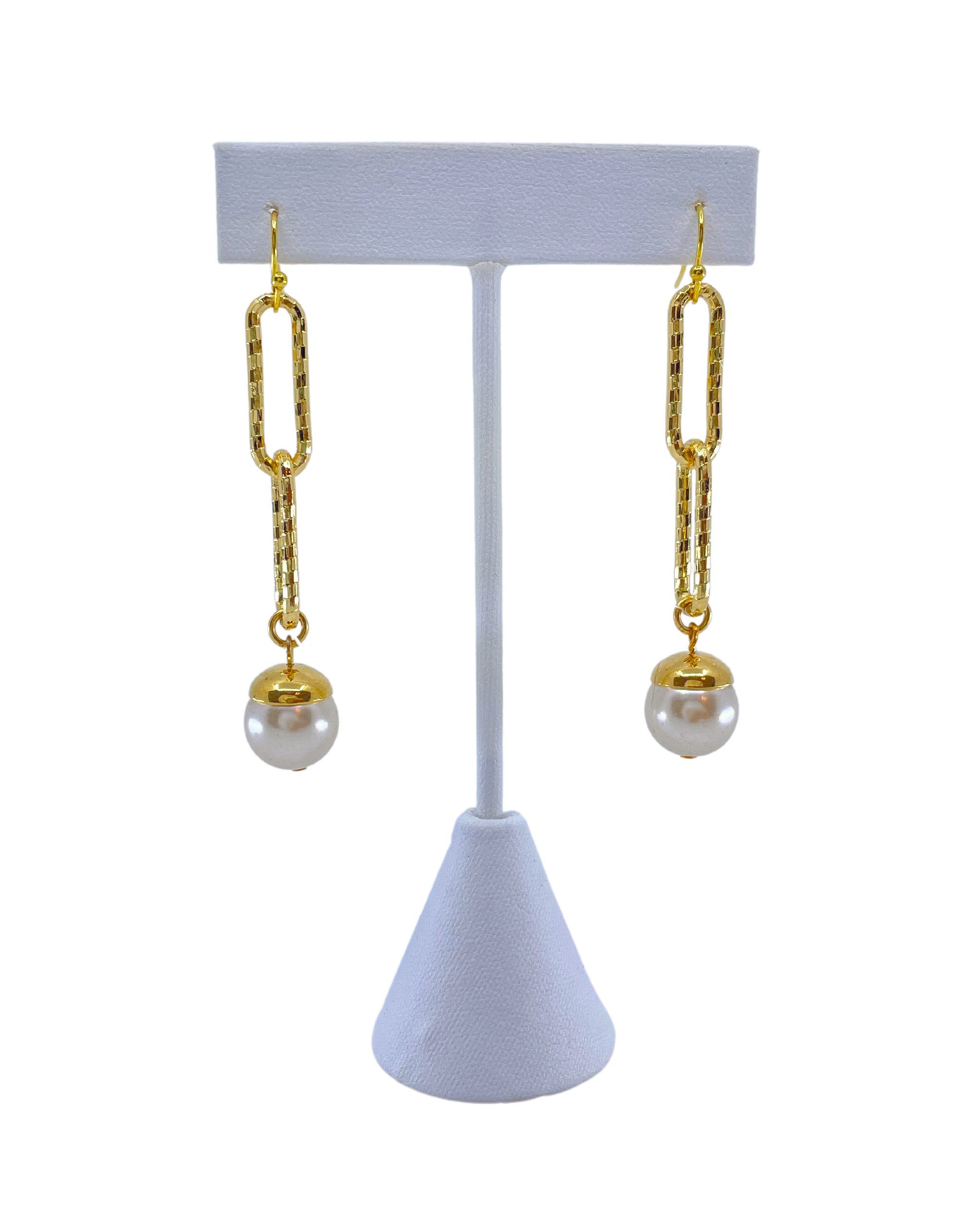 Gold Plated Chain Link & Pearl Earrings