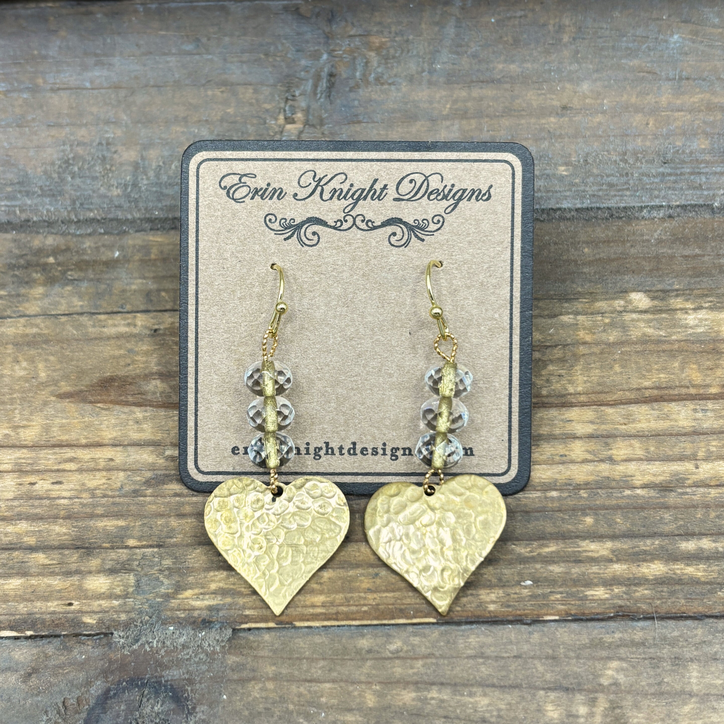 Limited Edition Gold Hammered Heart & Crystal Earrings