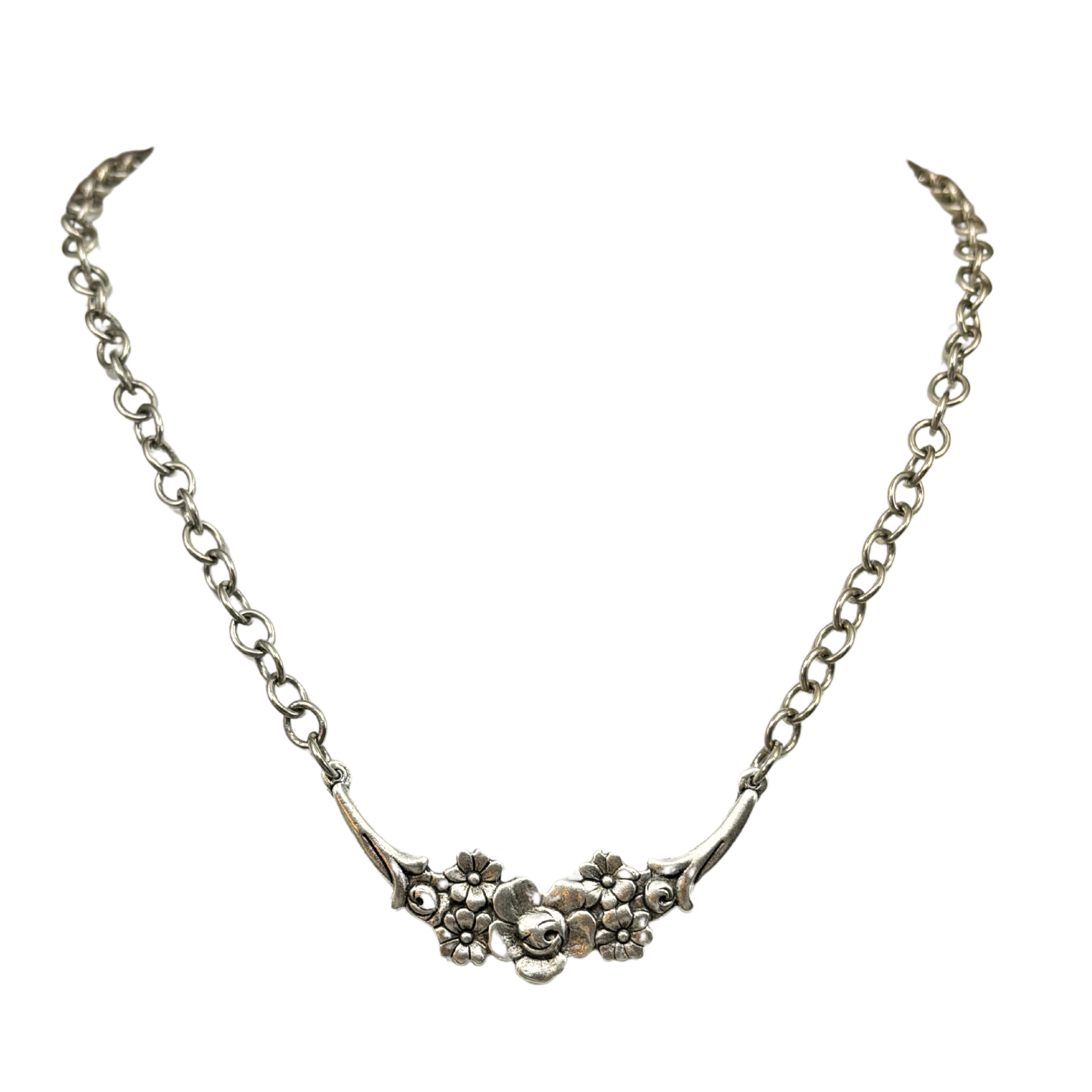 Vintage Reproduction Silver Floral Crescent Necklace