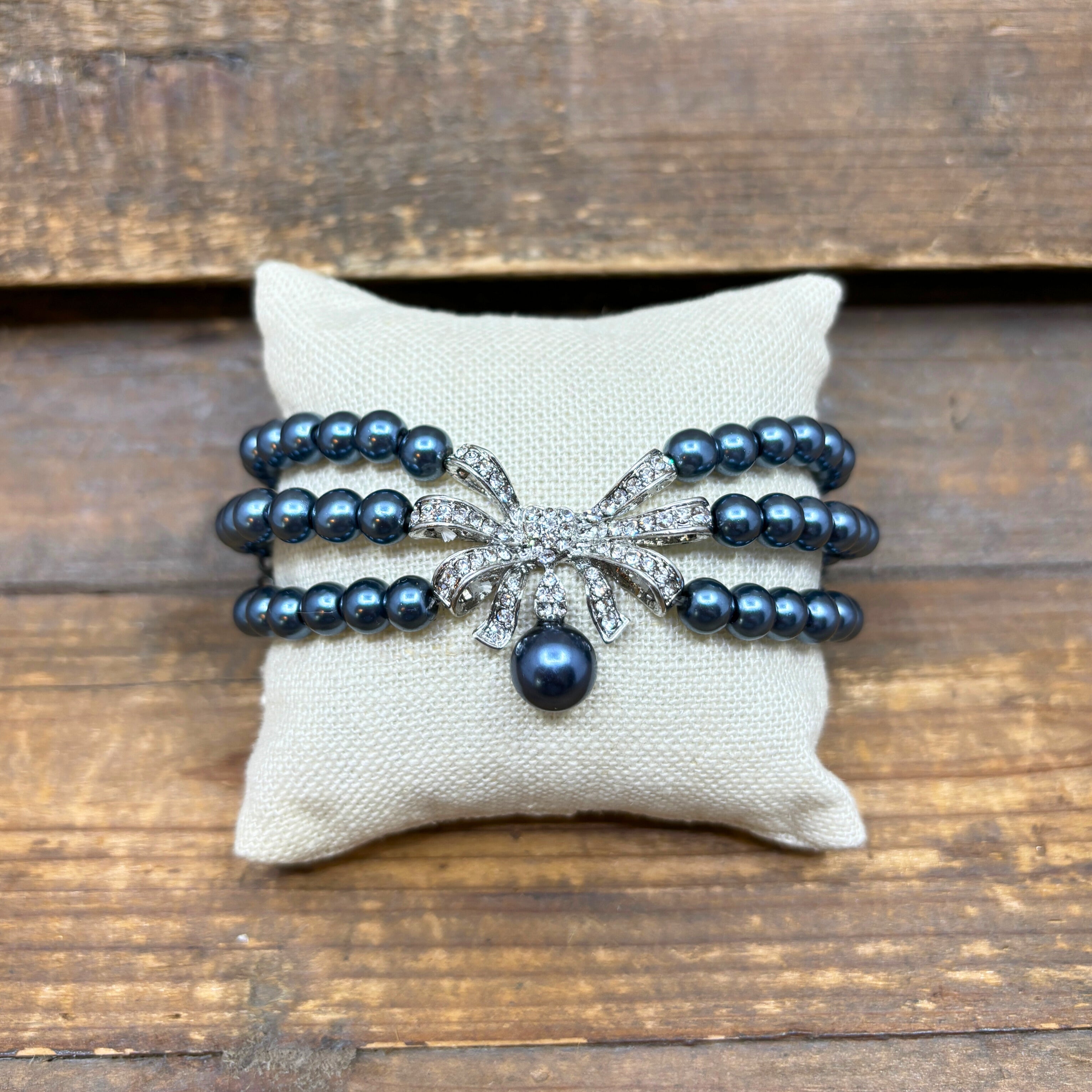 Rhinestone Bow & Blue Bead Stretch Bracelet