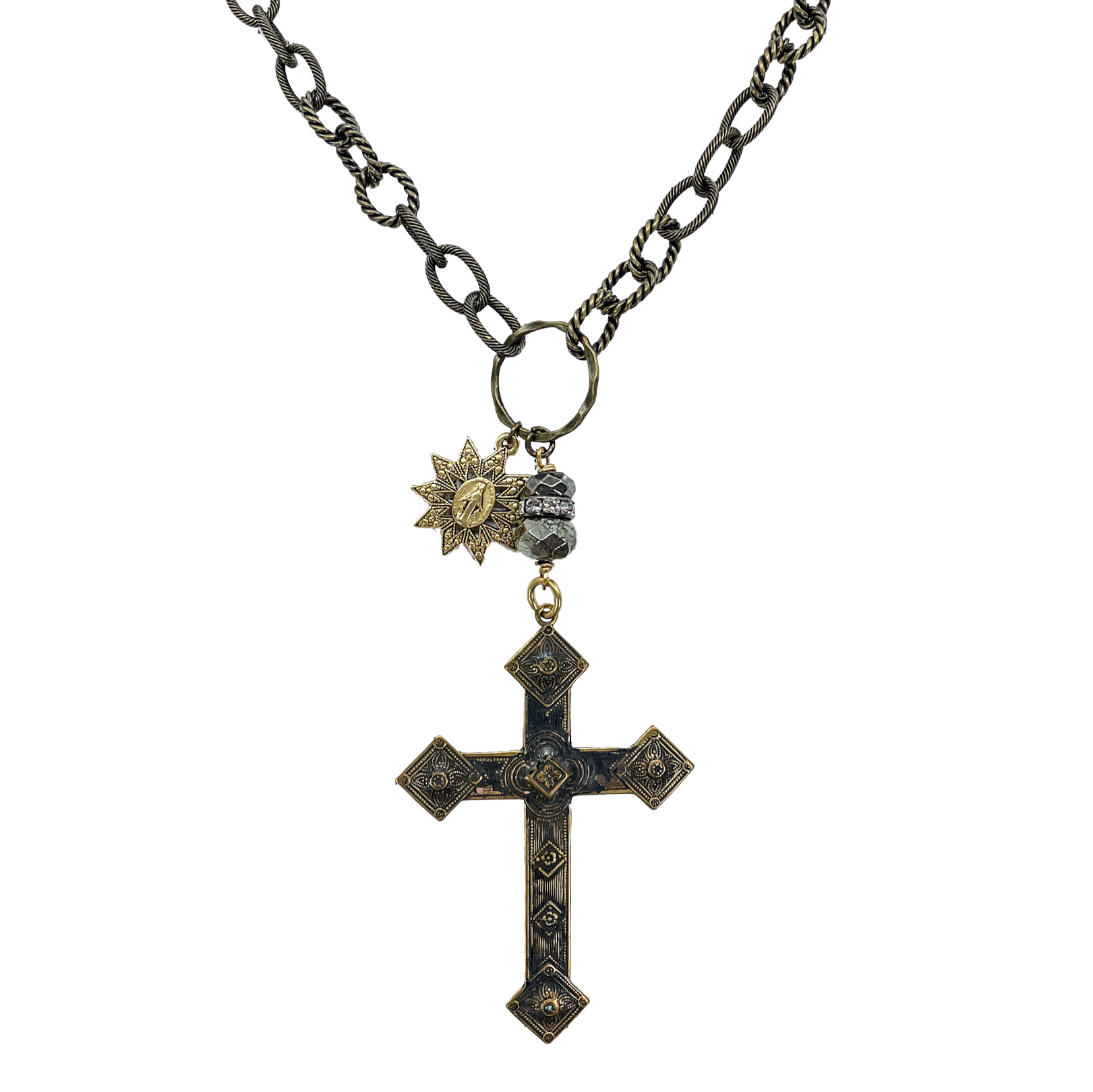Vintage Brass Cross & Charm Necklace