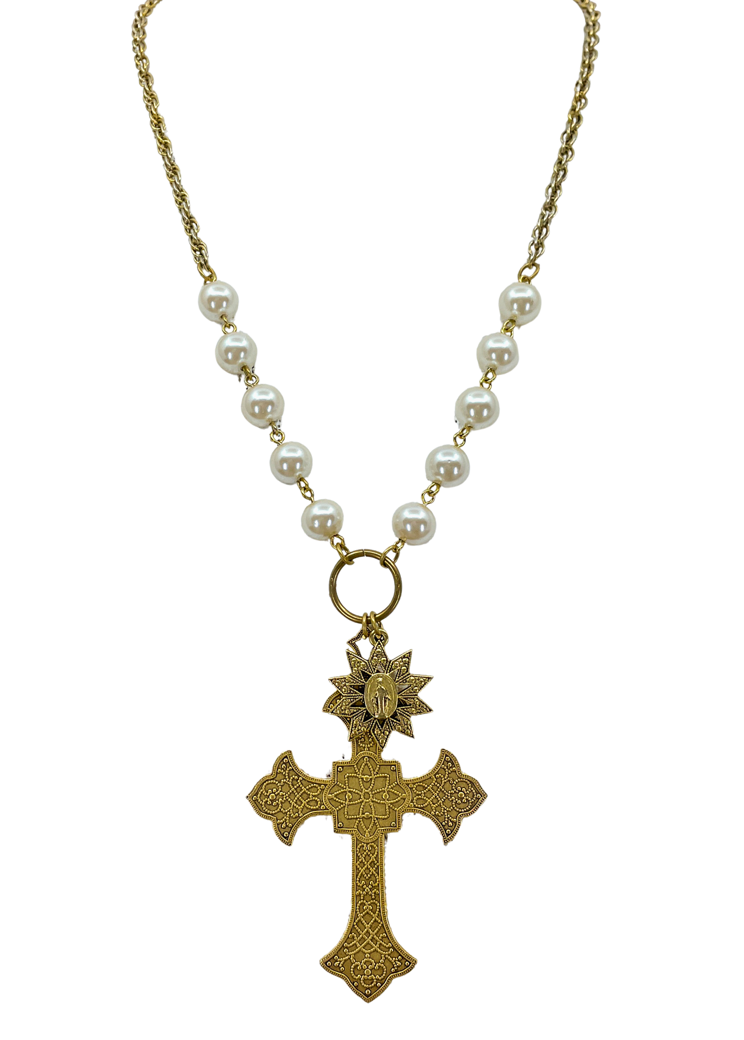 Vintage Gold Cross & Pearl Necklace