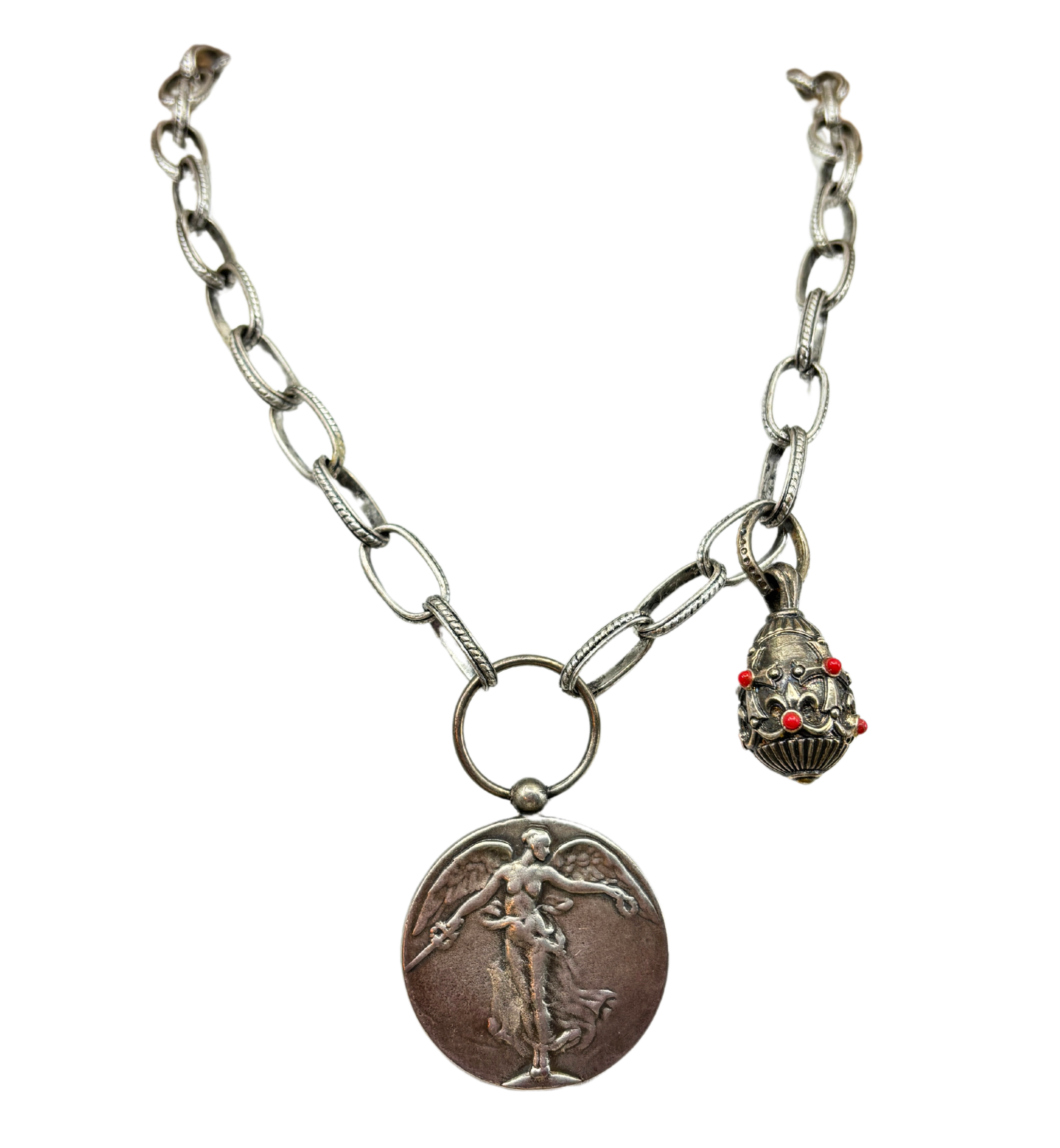 Sterling Plated Faberge Egg & Victory Medal Necklace