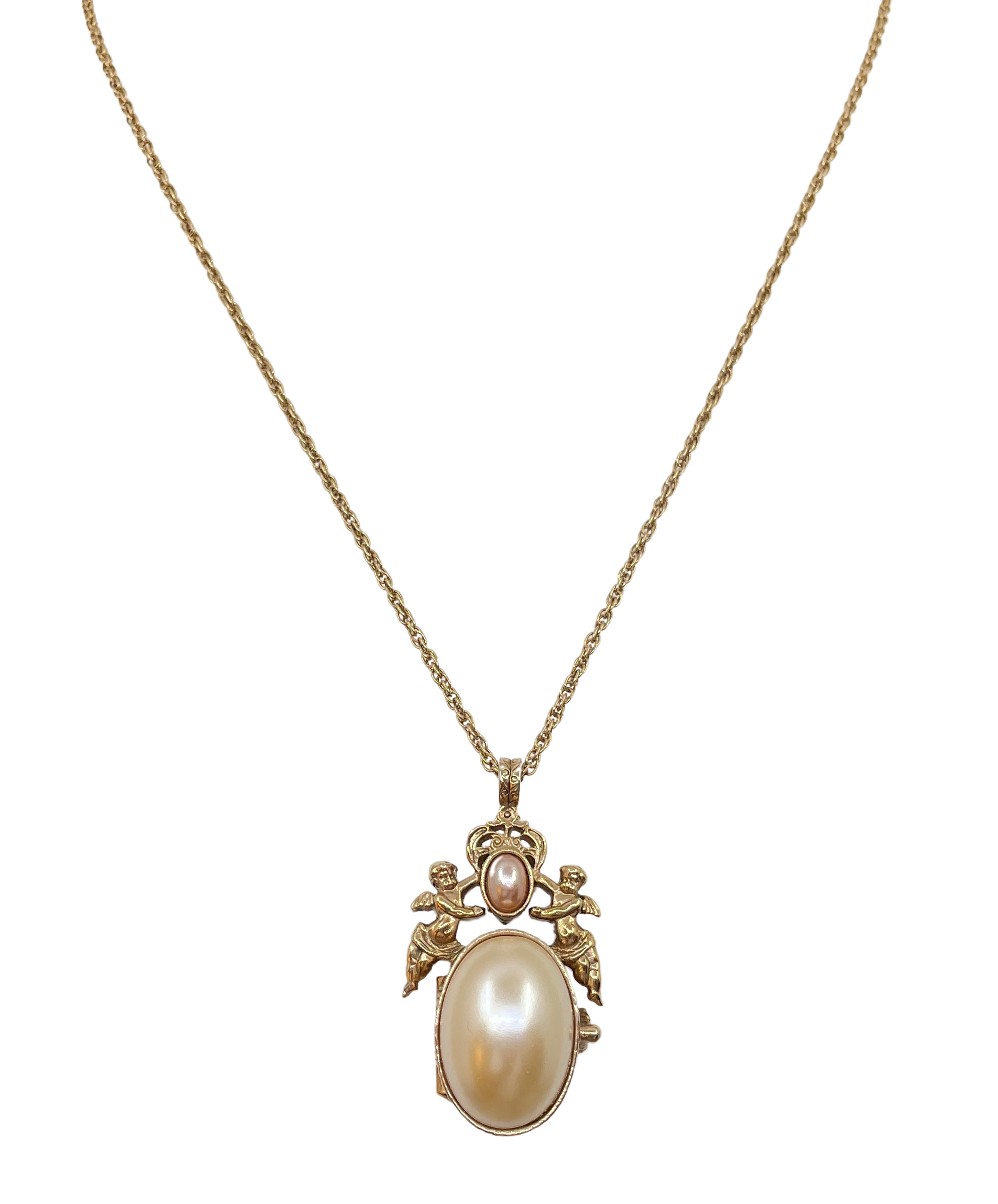 Large Pearl & Angel Pendant Necklace