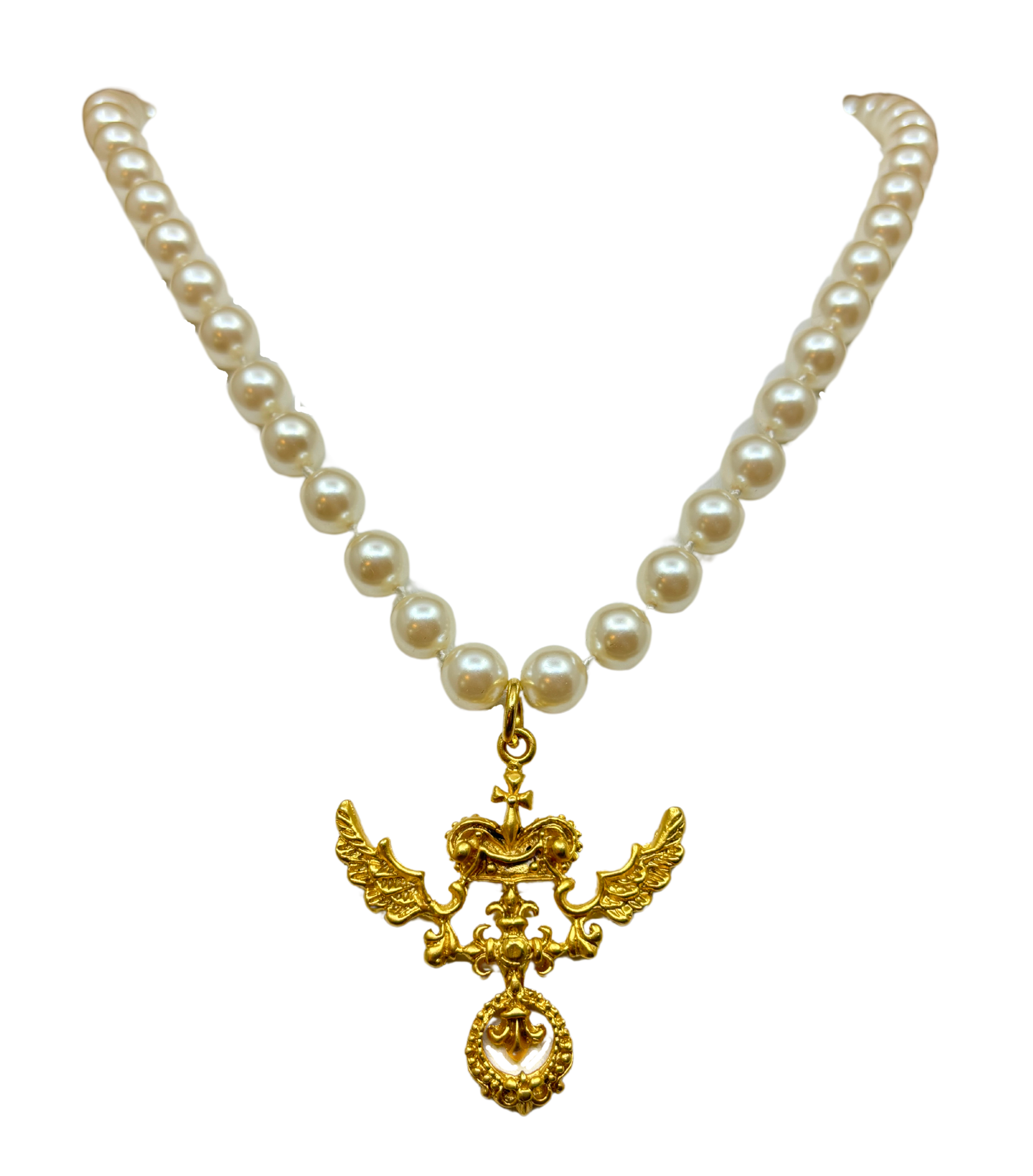 Gold Plated Wing Pendant & Pearl Necklace