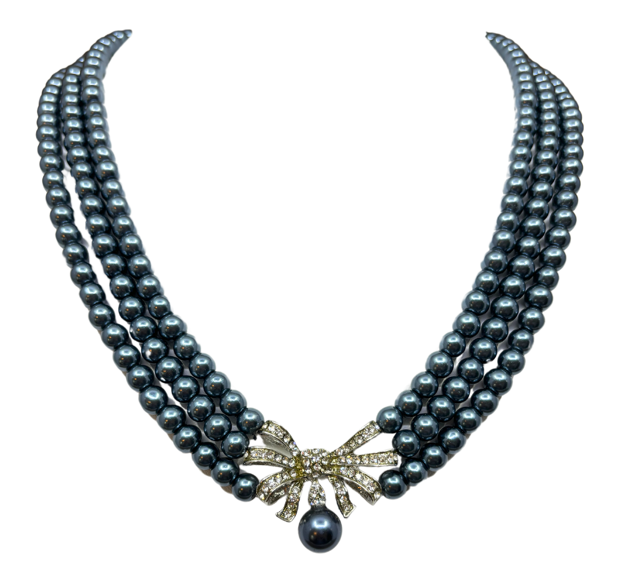 Rhinestone Bow & Blue Bead Layered Necklace