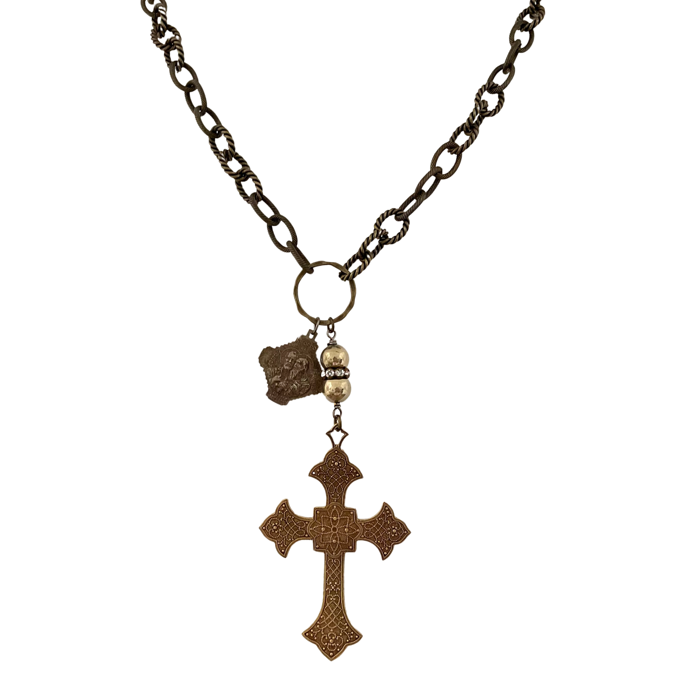 Antique Brass Chain with Religious Medallion & Reproduction Cross 34