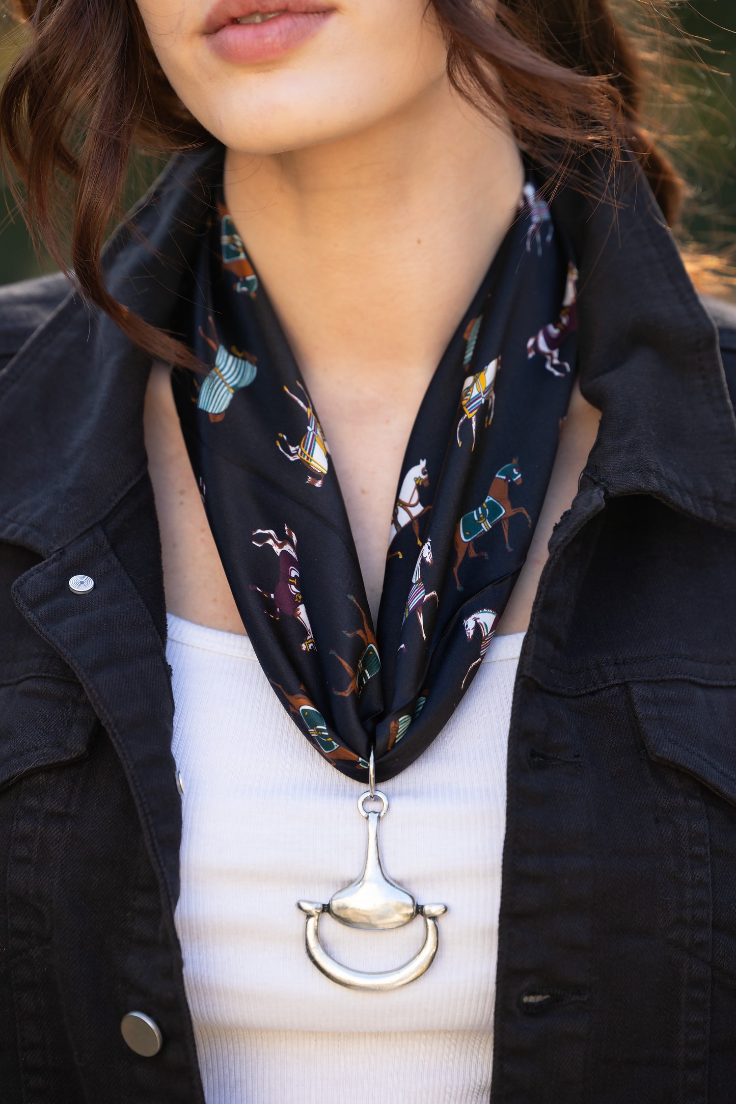Equine Elegance 100% Silk Scarf in Jet Black with choice of Gold or Silver Metal Horse-Bit