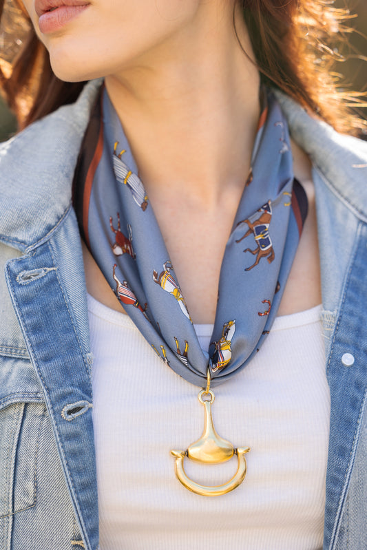 Equine Elegance 100% Silk Scarf in Slate Blue with choice of Gold or Silver Metal Horse-Bit