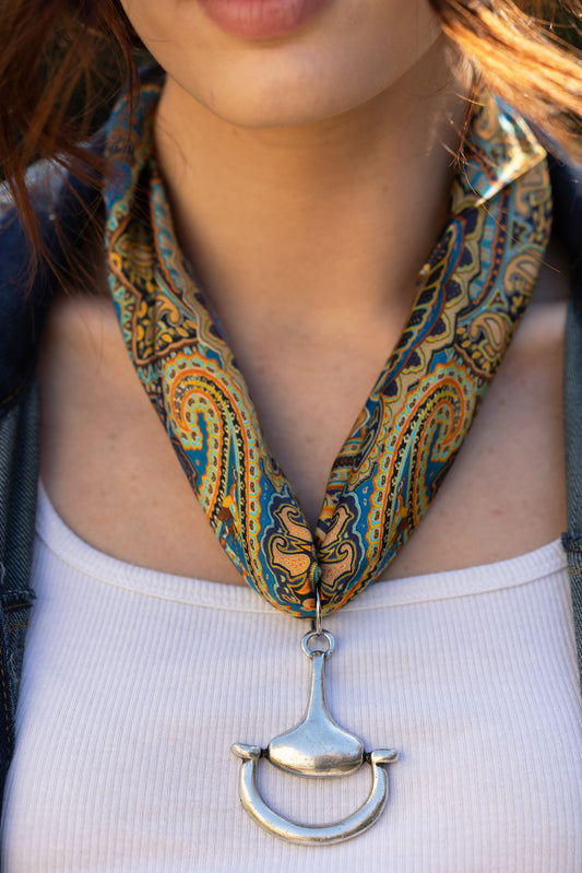 Old World Paisley 100% Silk Scarf with choice of Gold or Silver Metal Horse-Bit