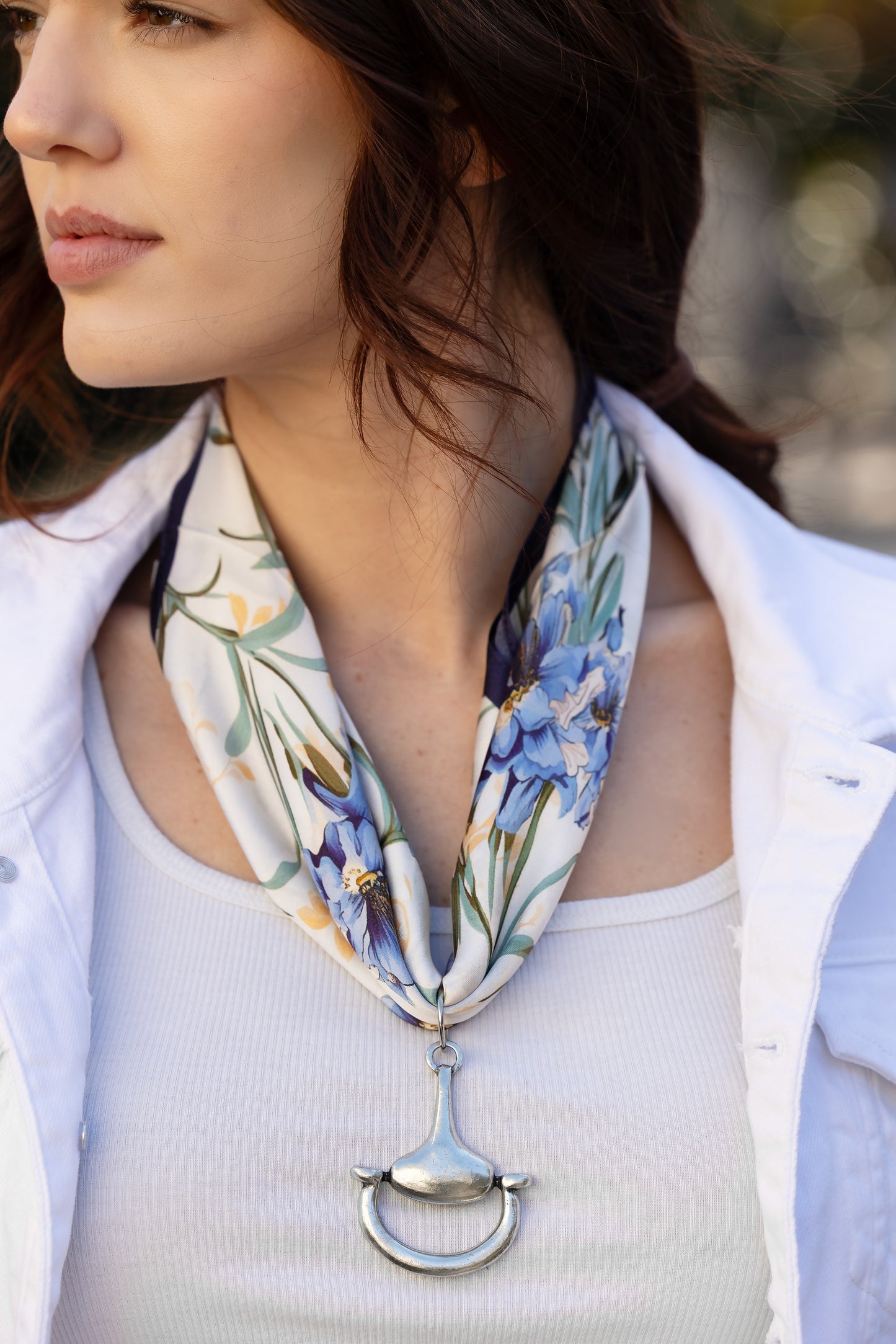 Blooming Iris 100% Silk Scarf with choice of Gold or Silver Metal Horse-Bit