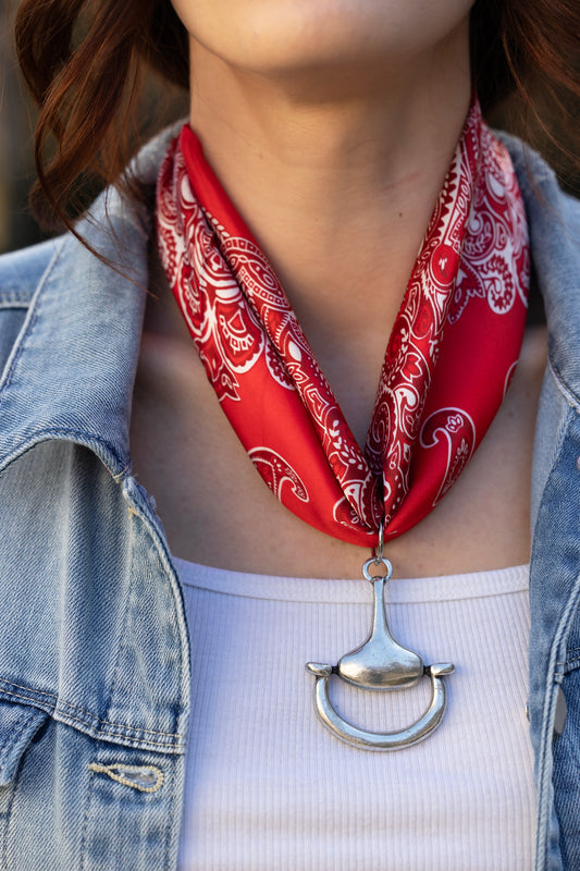 Paisley 100% Silk Scarf in Red with choice of Gold or Silver Metal Horse-Bit