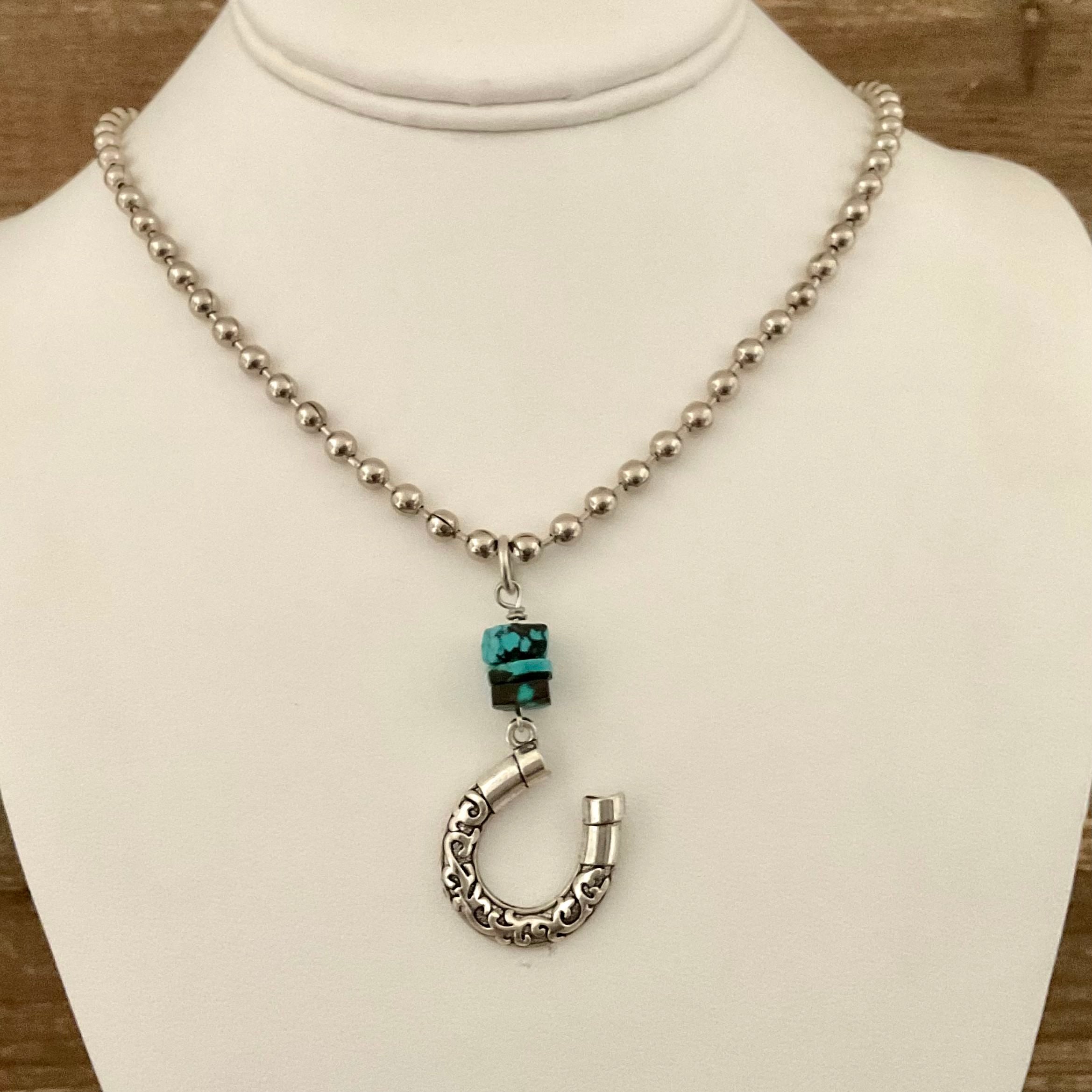 Vintage Sterling Ball Chain with Turquoise and Sterling Horseshoe Pendant 18