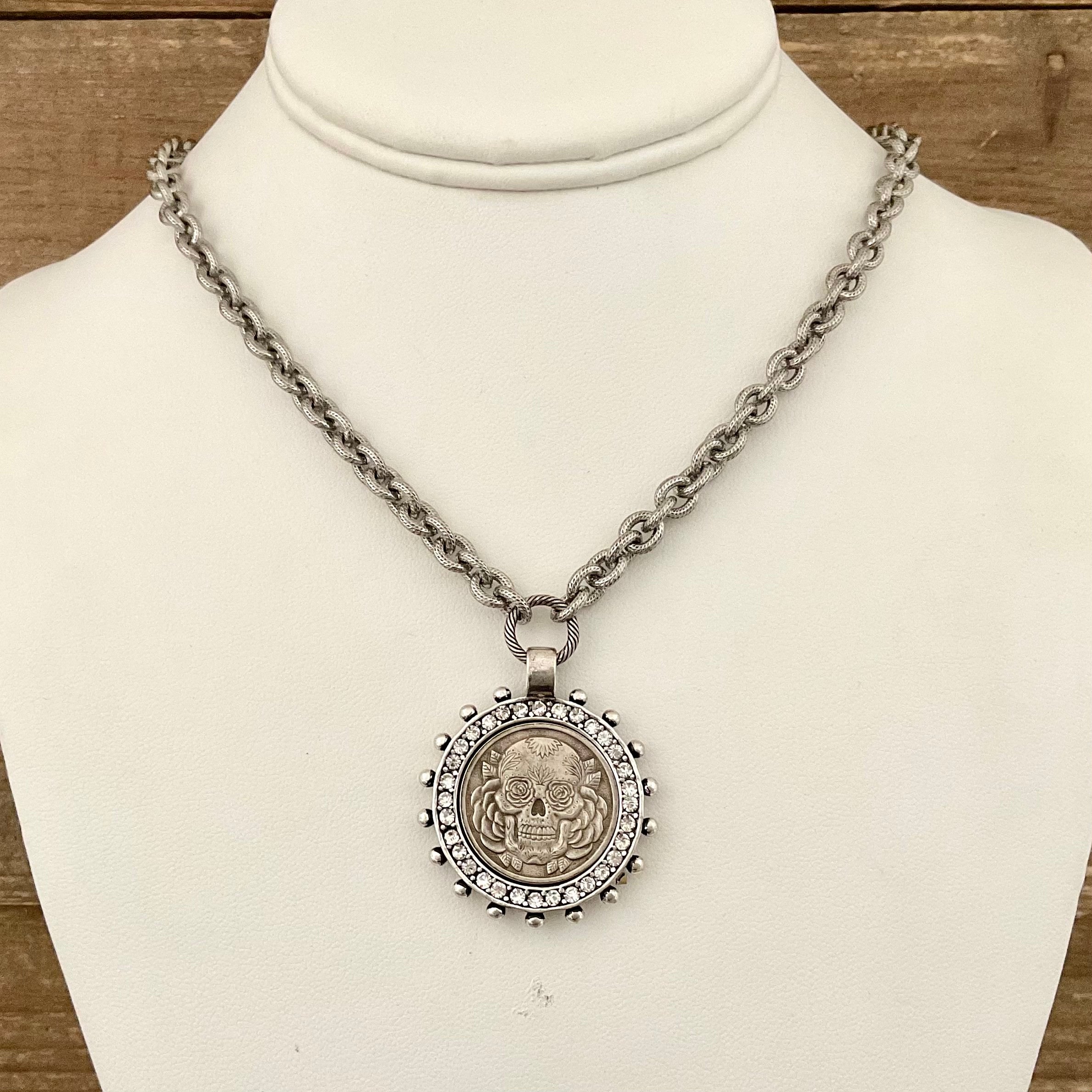 Vintage Silver Chain with Silver Skull Coin 18"