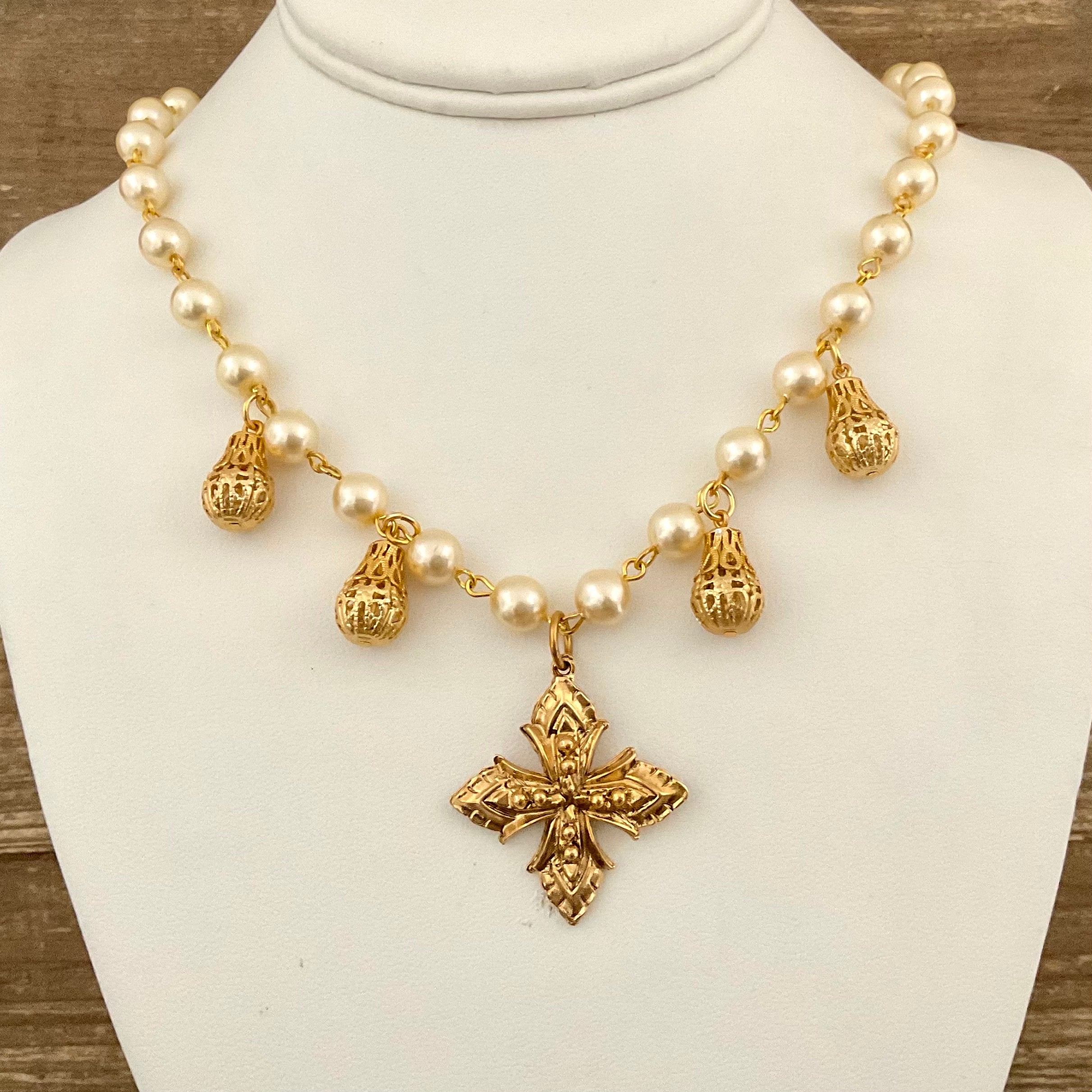 Vintage Pearl Necklace with Gold Cross & Drops 18"