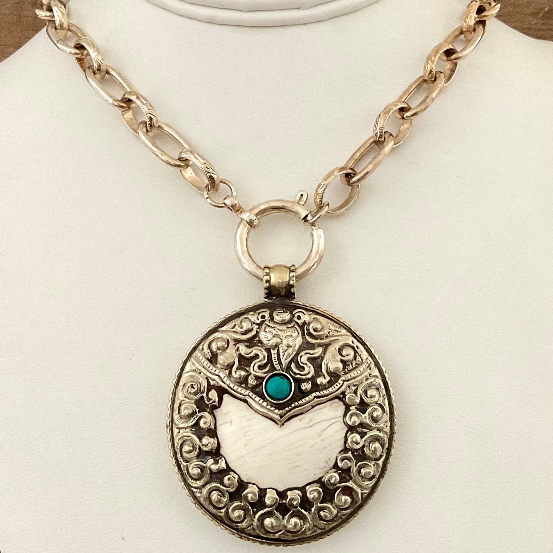 Vintage Sterling Plated Chain with Tibetan Silver, Turquoise & Shell Pendant