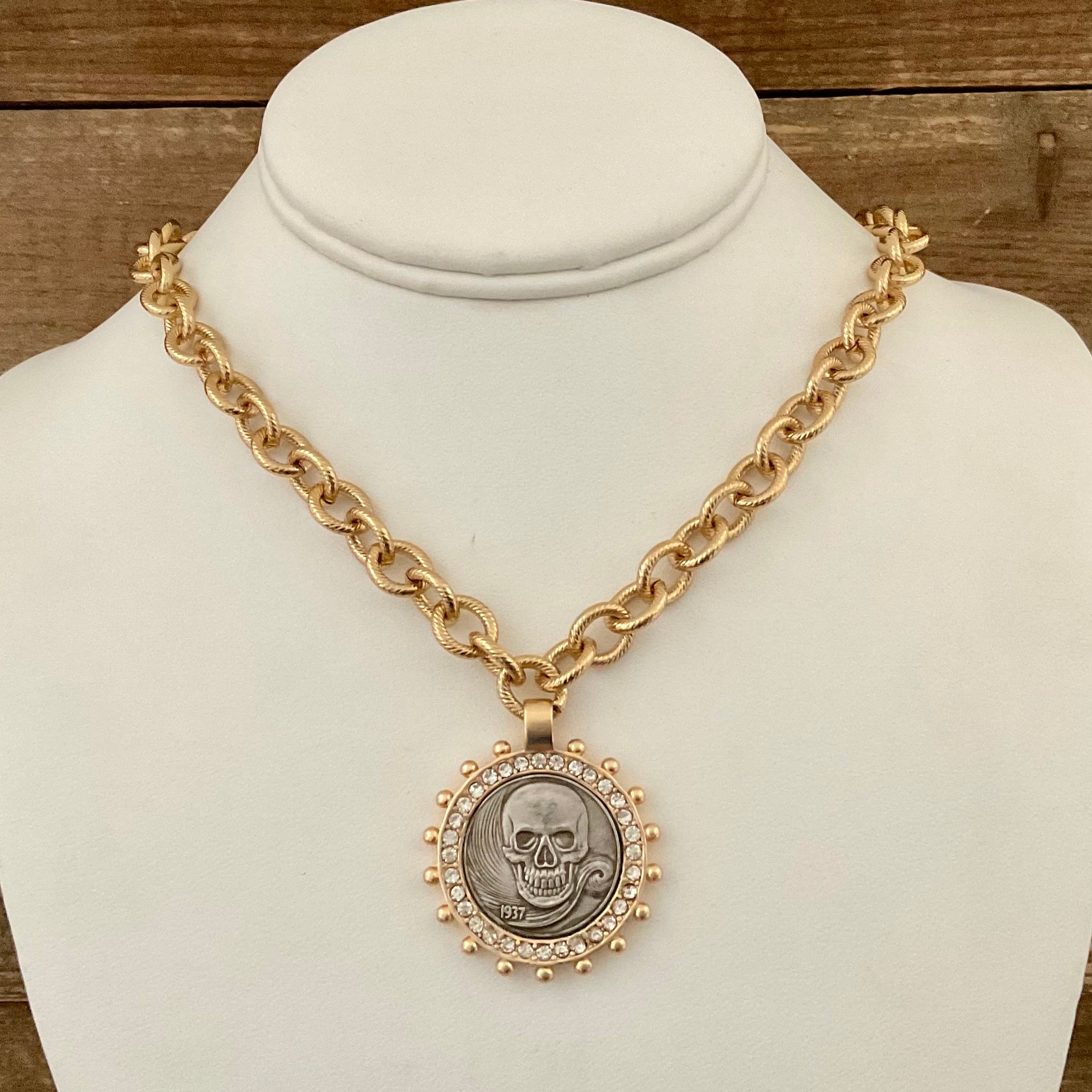Vintage Gold Plated Chain with Gold Skull Coin 18"